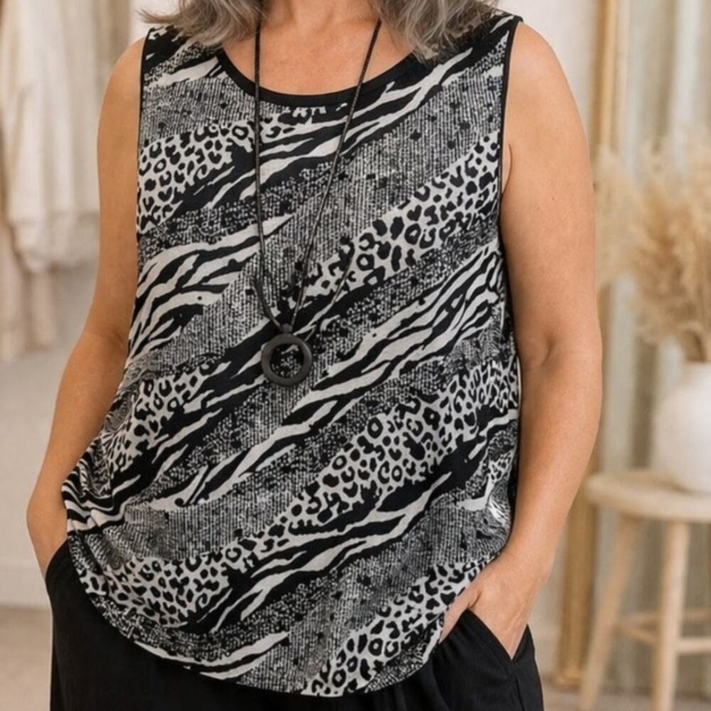 Libra Sleeveless Top L Large Black Animal Print Textured Knit Pullover Stretch
